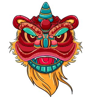 新年春节虎年元宵手绘人物舞狮卡通狮子头插画元素PSD设计素材