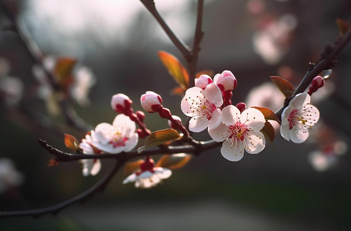 开花的中国传统梅花在阳光下摄影图(5440x3584)