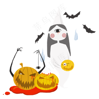 卡通万圣节节日元素幽灵女孩南瓜
