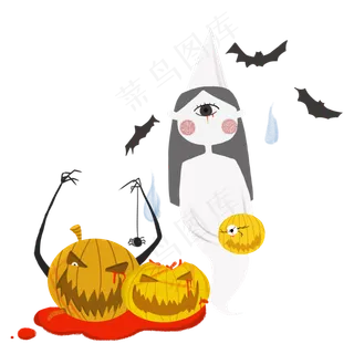 卡通万圣节节日元素幽灵女孩南瓜