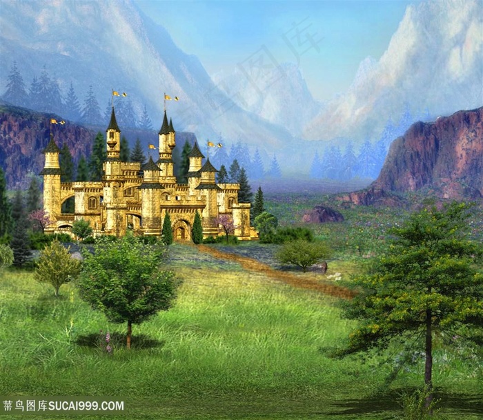 城堡山脉风景画画意背景图