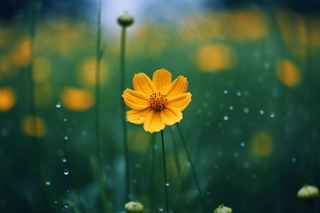 雨天小黄花草丛摄影图