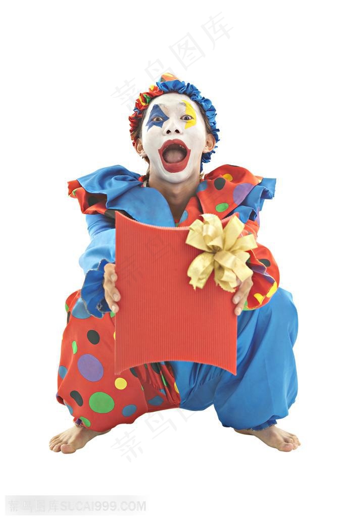 游乐园广告元素 张大嘴举着礼盒的小丑表演