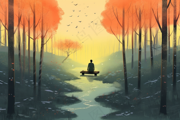 秋末男孩坐着树下木椅上夕阳西下卡通插画素材背景(4032x2688)