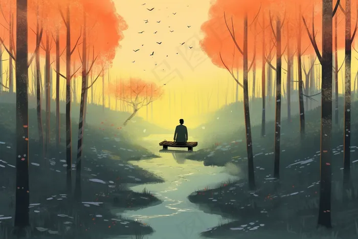 秋末男孩坐着树下木椅上夕阳西下卡通插画素材背景(4032x2688)