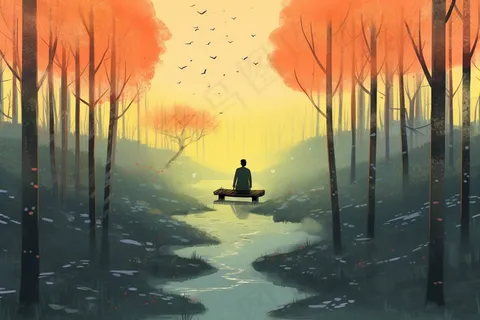 秋末男孩坐着树下木椅上夕阳西下卡通插画素材背景