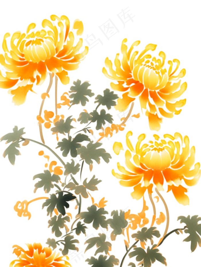 黄色菊花水墨画茶壶重阳节元素免抠(928x1232)