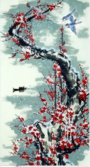 水墨冬天桃花小船psd模版下载