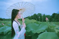 荷花池打着雨伞的古装美女图片