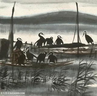 林风眠手绘木船鸟湖畔风景画