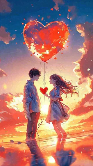 情人节浪漫情人爱心落日蓝天唯美，情侣亲吻爱情，卡通手绘插画