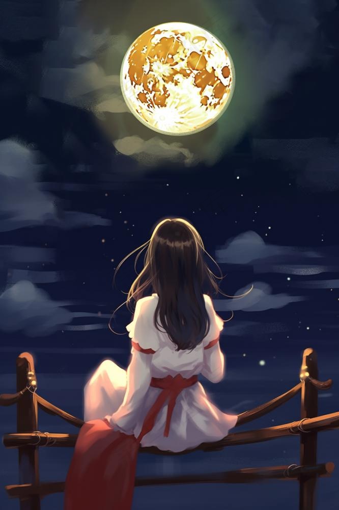 中秋夜圆月女孩赏月插画背景