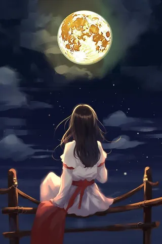 中秋夜圆月女孩赏月插画背景
