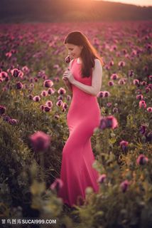 傍晚花丛中的性感美女