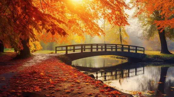 秋天森林拱桥落叶风景摄影图