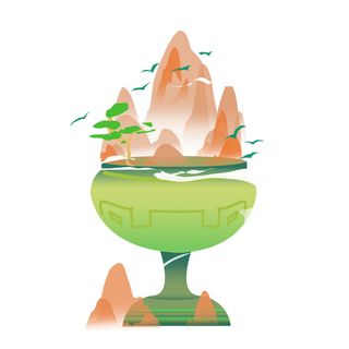 时尚微景观山水装饰庭院祥云中式国潮风插图插画元素素材设计模板