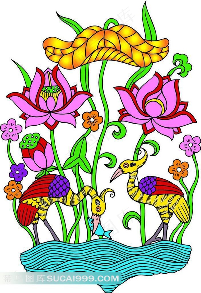 仙鹤荷花吉祥图案