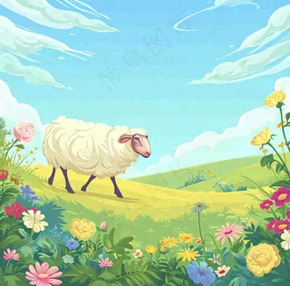 卡通手绘绿色春天草地鲜花花朵绵羊