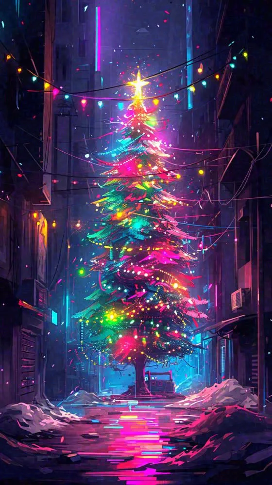 炫酷圣诞彩色缤纷圣诞树节日，夜晚街道建筑，暗黑(816x1456)