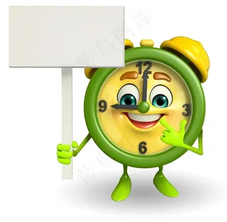 举着广告牌的绿色可爱闹钟高清图片