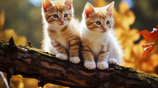 两只可爱的小猫咪站在树干树枝上玩耍摄影图