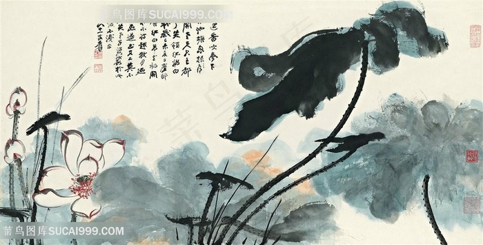 张大千手绘水墨莲花装饰画