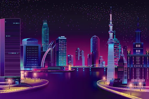 时尚潮流赛博朋克元宇宙虚拟城市夜景Banner海报背景AI矢量图素材