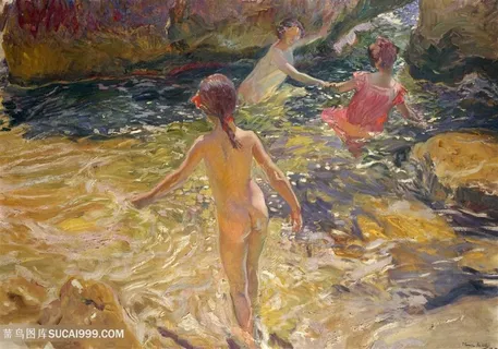 溪边孩子嬉戏油画风景画 溪边孩子嬉戏油画风景画