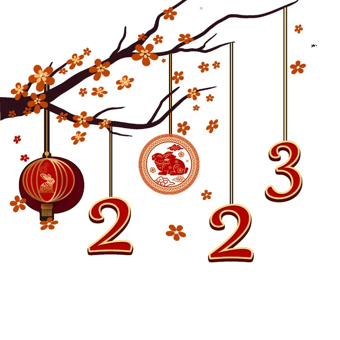 手绘桃花2023数字兔年挂画psd模版下载