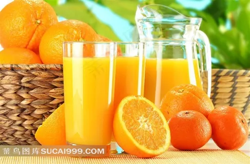 新鲜橙汁和果篮高清图片素材