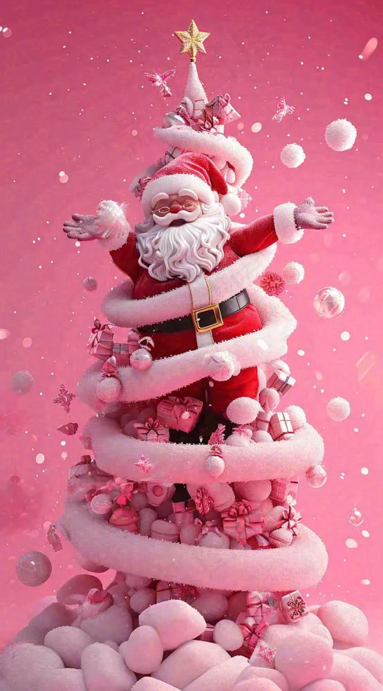 圣诞节快乐圣诞老人雪花，粉色渐变卡通(816x1472)