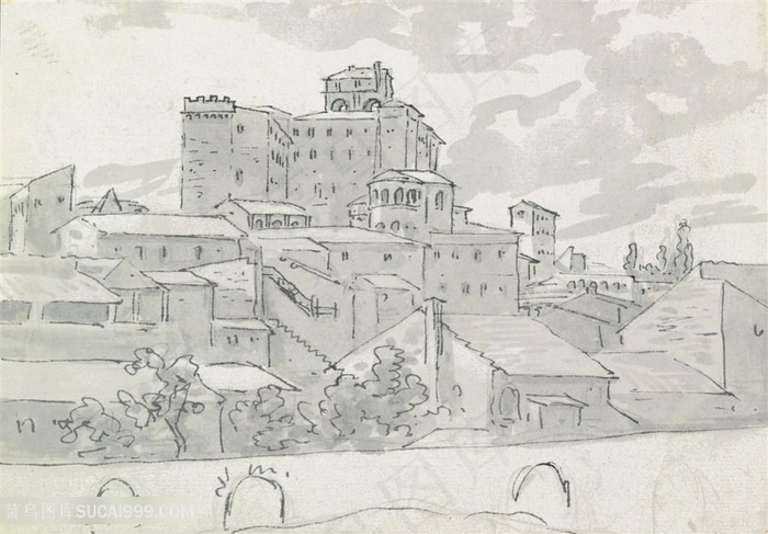 大卫手绘建筑房子装饰画