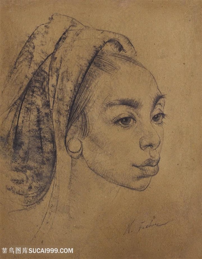 尼古拉费欣手绘女性肖像装饰画