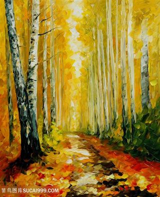 森林树林道路美景艺术油画