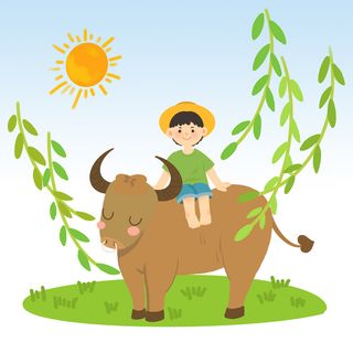 清明清明节卡通带帽子小孩与牛