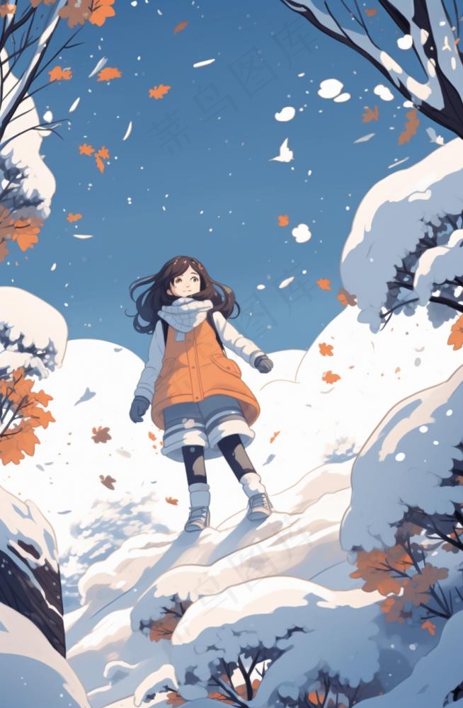 冬季在雪地里漫步的少女女孩漫天飞雪卡通插画背景(880x1344)