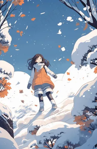 冬季在雪地里漫步的少女女孩漫天飞雪卡通插画背景