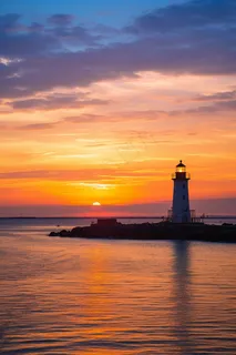 海边晚霞的灯塔日出夕阳摄影图