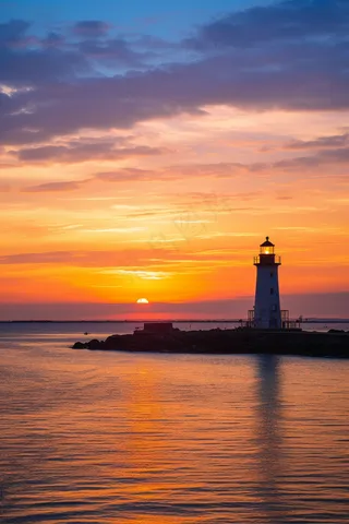 海边晚霞的灯塔日出夕阳摄影图