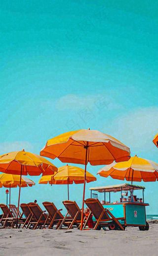 夏日沙滩椅阳光灿烂，夏季暑期海边小暑大暑夏至