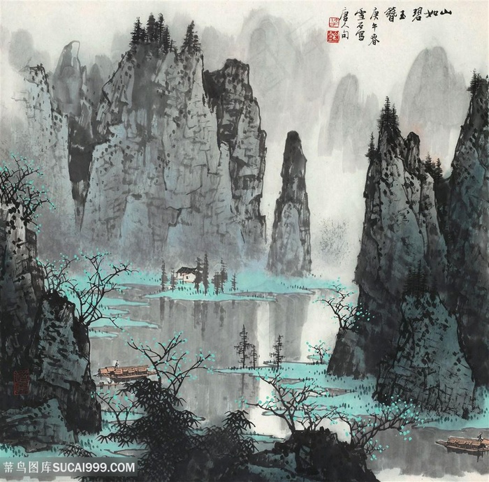 白雪石湖畔巍峨山脉高清美景