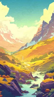 落日山脉河流小溪扁平手绘插画,旅行游玩登山郊游 落日山脉河流小溪扁平手绘插画,旅行游玩登山郊游