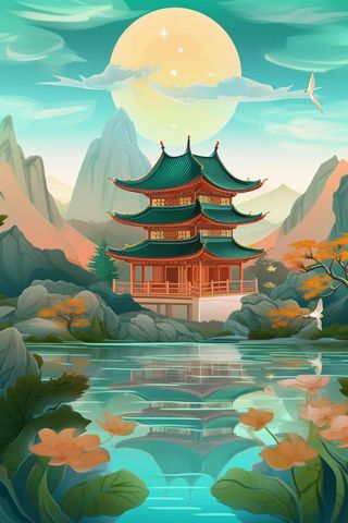 国潮国风夏季山水建筑背景