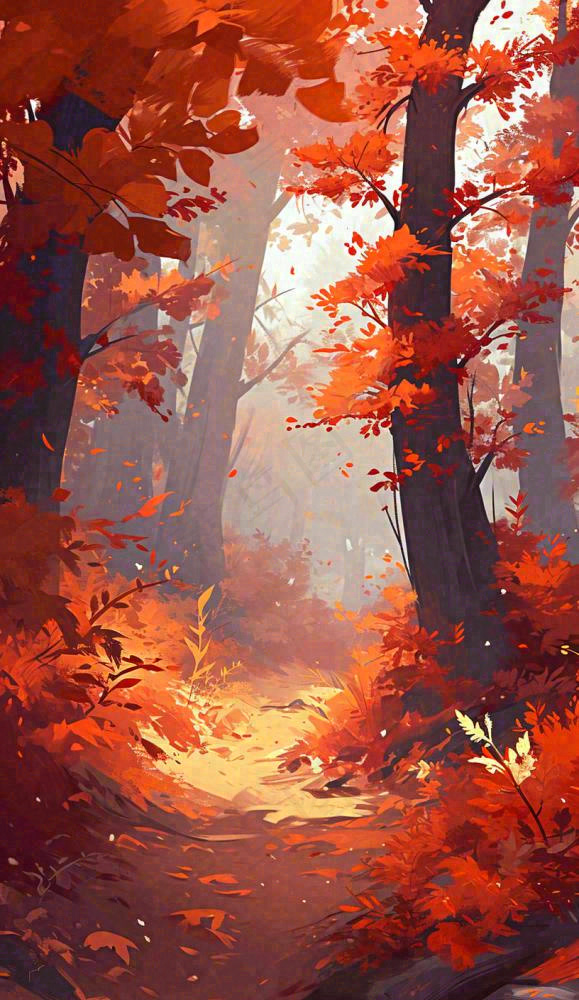 秋天红色秋叶树落叶温馨自然风景，立秋手绘插画(816x1409)