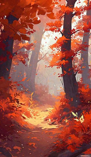 秋天红色秋叶树落叶温馨自然风景，立秋手绘插画