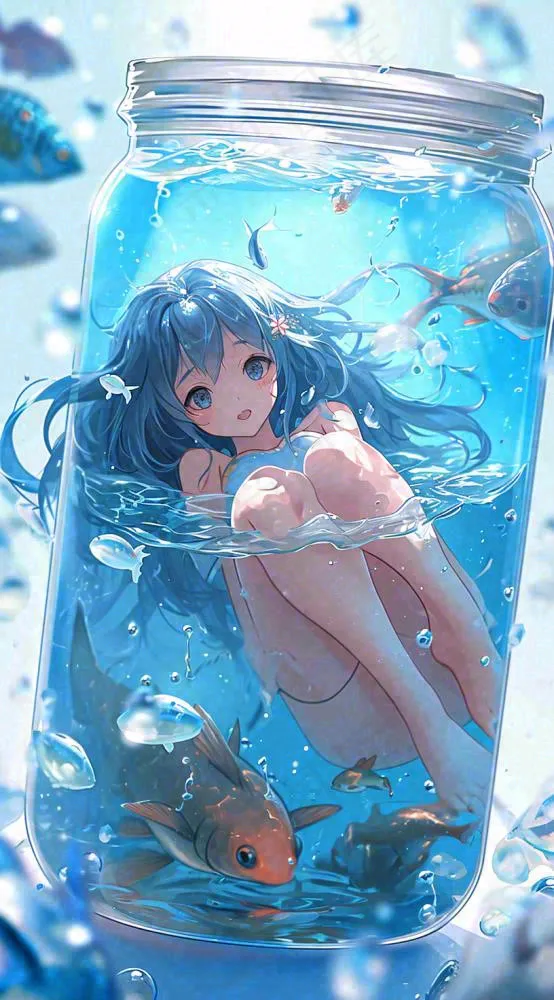 漫画少女海底瓶罐金鱼水面鱼类游泳插画手绘(816x1472)
