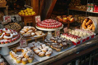 美食甜甜圈甜食蛋糕甜品面包街边店铺，木质复古