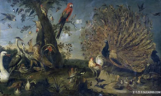 孔雀鸟大树风景画油画图片