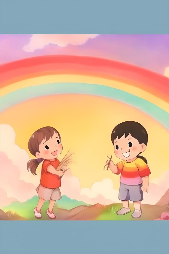 儿童在草坪上玩耍彩虹天空卡通背景