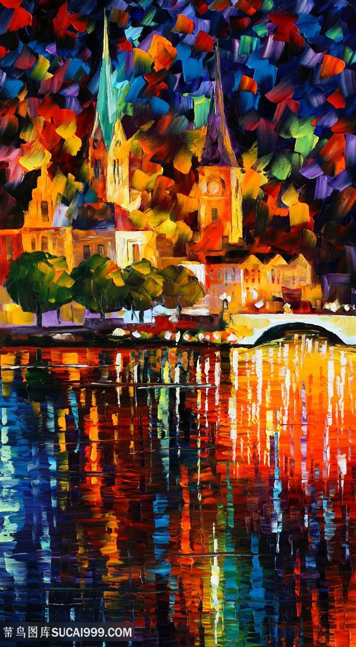 湖畔拱桥美景建筑油画插画
